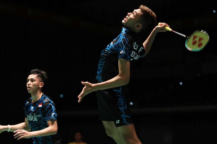 Fajar Alfian/Muhammad Rian Ardianto saat berhadapan dengan Lee Yang/Lee Jhe-Huei pada babak kedua Japan Open 2018 Musashino Forest Sport Plaza, Kamis (13/9/2018).