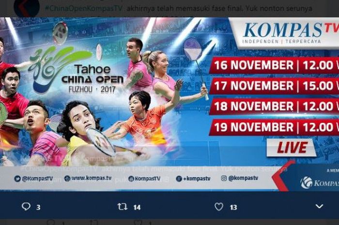 Jadwal siaran langsung final China Open 2017 di Kompas TV. 