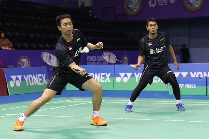 Pasangan ganda putra Indonesia, Mohammad Ahsan/Hendra Setiawan, pada laga perempat final India Terbuka di Siri Fort Indoor Stadium, Jumat (2/2/1018).