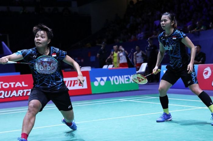 Greysia Polii/Apriyani Rahayu berhadapan dengan Maiken Fruergaard/Sara Thygesen pada perempat final French Open 2018 di Stade Pierre de Coubertin, Paris, Prancis, Jumat (26/10/2018).