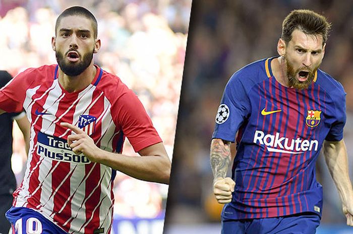 Winger Atletico Madrid, Yannick Ferreira Carrasco (kiri), adu kepercayaan diri dengan bomber Bercelona, Lionel Messi, di Stadion Wanda Metropolitano.