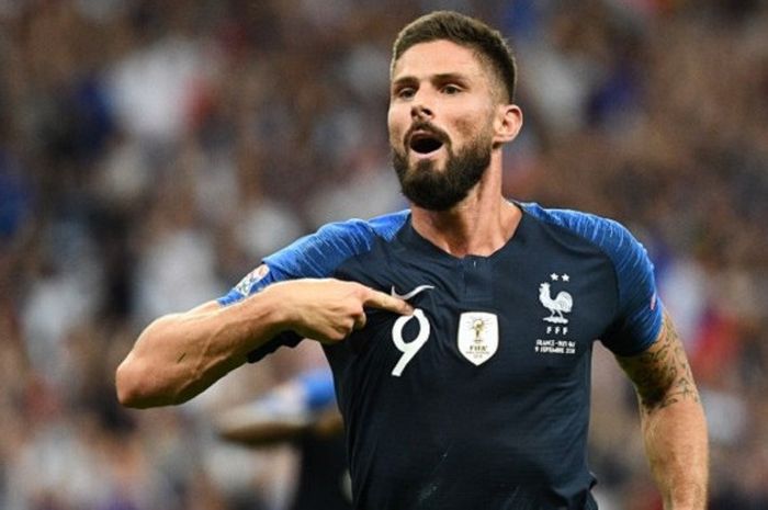 Striker timnas Prancis, Olivier Giroud, bersuka cita usai mencetak gol ke gawang Belanda di League A Grup 1 UEFA Nations League di Stadion Stade de France, Paris, Prancis, pada Minggu (9/9/2018).