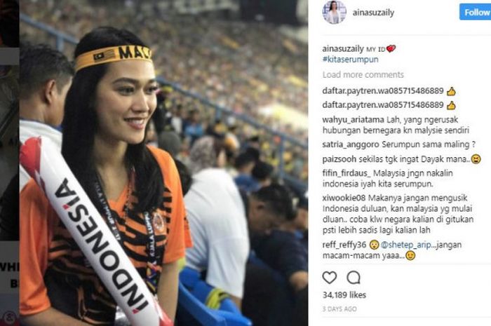 Suporter cantik Malaysia yang juga mendukung Indonesia