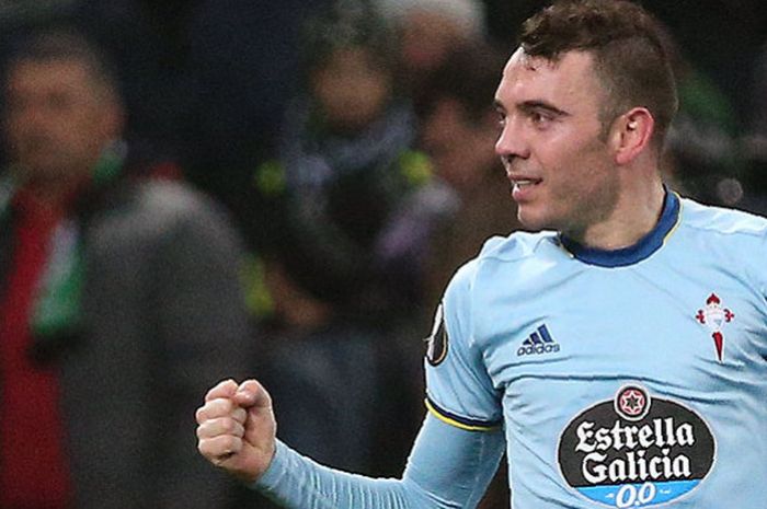 Penyerang Celta Vigo, Iago Aspas, melakukan selebrasi seusai mencetak gol ke gawang FC Krasnodar dalam laga 16 besar Liga Europa 2016-2017 di Krasnodar, pada 16 Maret 2017.