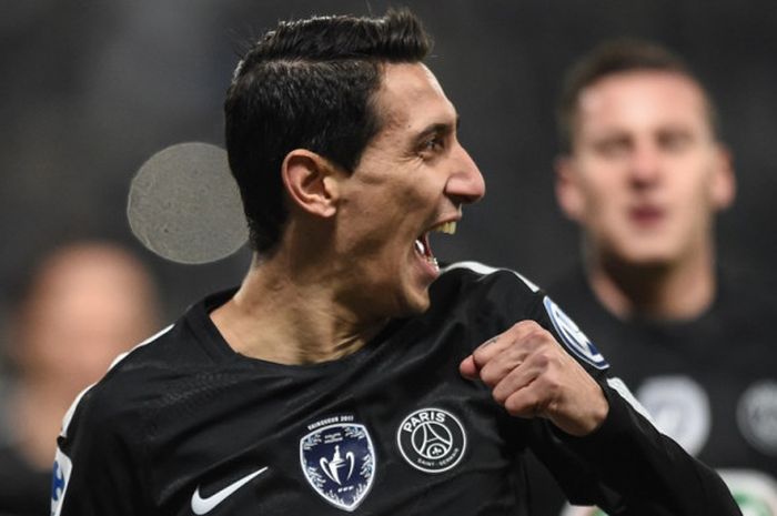 Pemain Paris Saint-Germain, Angel Di Maria, merayakan gol yang dia cetak ke gawang Sochaux dalam laga babak 16 besar Piala Prancis di Stadion Auguste Bonal, Sochaux, pada 6 Februari 2018.