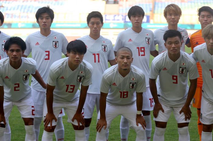 Timnas U-23 Jepang saat akan melakoni laga Grup D Asian Games 2018 kontra Pakistan di Stadion Wibawa Mukti, Cikarang, Kamis (16/8/2018).