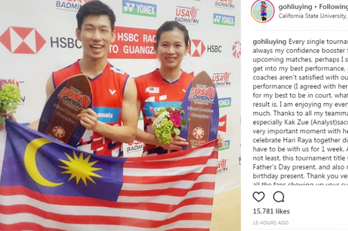 Unggahan Goh Liu Ying pada Senin (18/6/2018) usai juara di US Open 2018