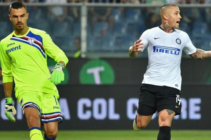 Reaksi Emil Audero (kiri) dan Radja Nainggolan dalam partai Liga Italia antara Sampdoria lawan Inter