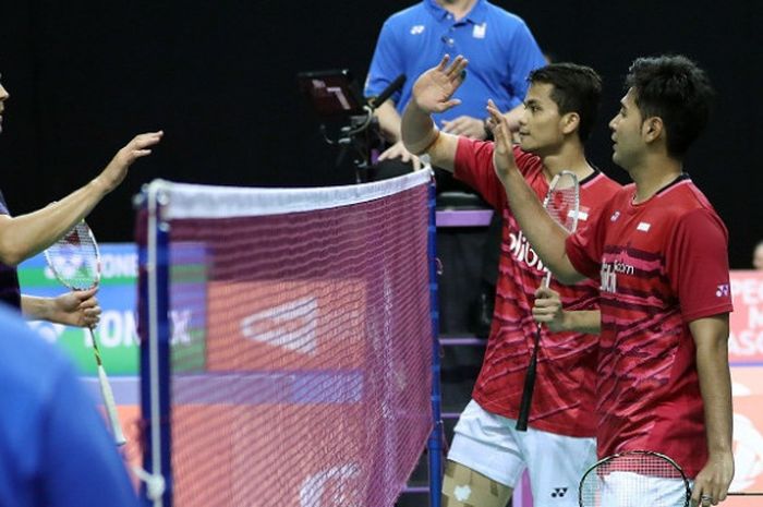 Pasangan ganda putra Indonesia, Angga Pratama/Ricky Karanda Suwardi, tampil pada laga babak ketiga Kejuaraan Dunia Bulu Tangkis 2017 di Glasgow, Skotlandia, Rabu (24/8/2017).