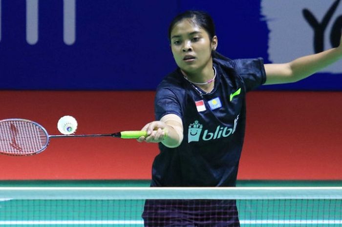 Pebulu tangkis tunggal putri Indonesia, Gregoria Mariska Tunjung, pada babak pertama Indonesia Open 2018 di Istora Senayan, Jakarta, Selasa (3/7/2018).