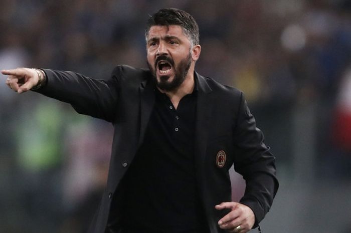 Ekspresi pelatih AC Milan, Gennaro Gattuso, dalam laga final Coppa Italia kontra Juventus di Stadion Olimpico, Roma pada 9 Mei 2018.