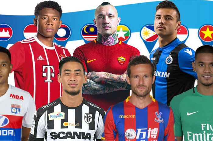 Searah Jarum Jam: David Alaba, Radja Nainggolan, Dion Cools, Alphonse Areola, Yohan Cabaye, Billy Ketkeo, dan Kenny Tete adalah pemain berdarah Asia Tenggara di kompetisi elit Eropa.