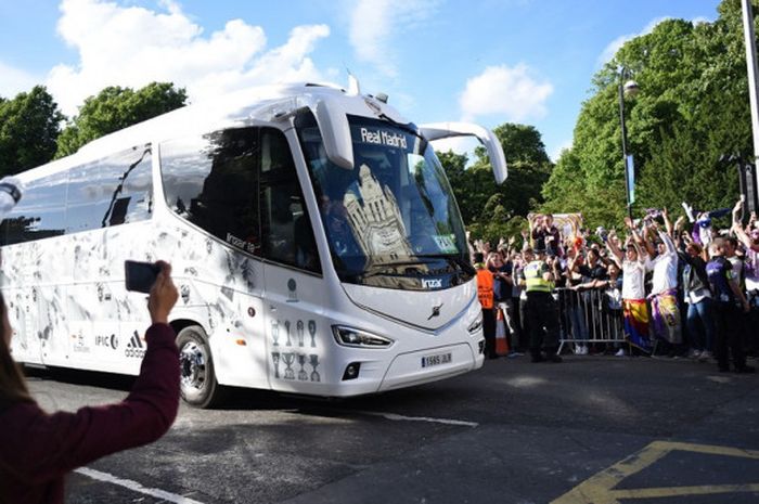 Bus Real Madrid tiba di Stadion Millennium, Cardiff, menjelang partai final Liga Champions kontra Juventus, 3 Juni 2017.