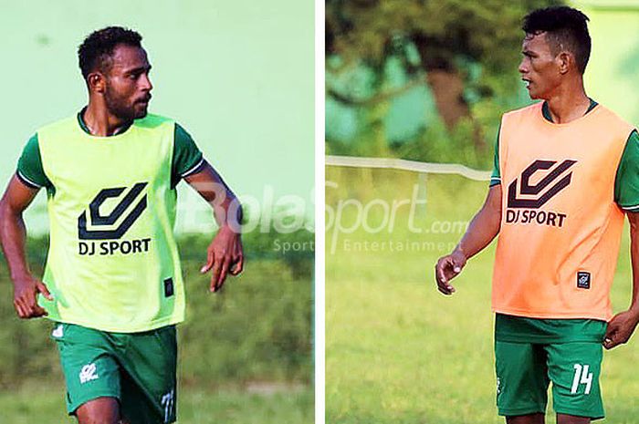 Pablo Cesar Worabay (kiri) dan Teza Ridwan, saat mengikuti trial di PSMS Medan di Stadion Kebun Bunga, Kamis (21/6/2018).