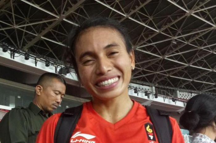 Maria LOnda seusai terjun dalam nomor lompat jauh putri Asian Games 2018 di SUGBK, Senin (27/8/2018)