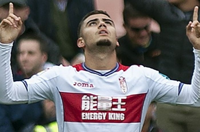 Gelandang Granada, Andreas Pereira, merayakan gol yang ia cetak ke gawang Sevilla dalam pertandingan La Liga 2016-2017 di Stadion Nuevo Los Carmenes, Granada, Spanyol, pada 3 Desember 2016.