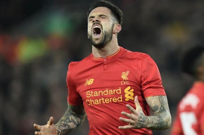 Ekspresi striker Liverpool, Danny Ings, dalam partai Piala Liga kontra Tottenham Hotspur di Anfield, 25 Oktober 2016.