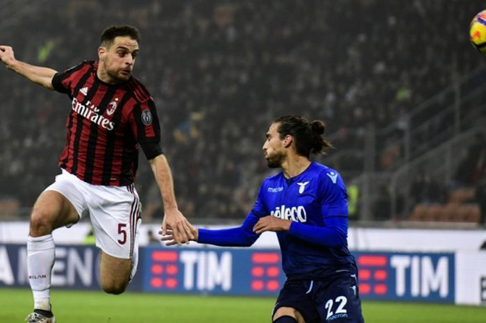 Gelandang AC Milan, Giacomo Bonaventura (kiri), berduel dengan bek Lazio, Martin Caceres, dalam laga leg pertama semifinal Coppa Italia di Stadion San Siro, Milan, pada 31 Januari 2018.