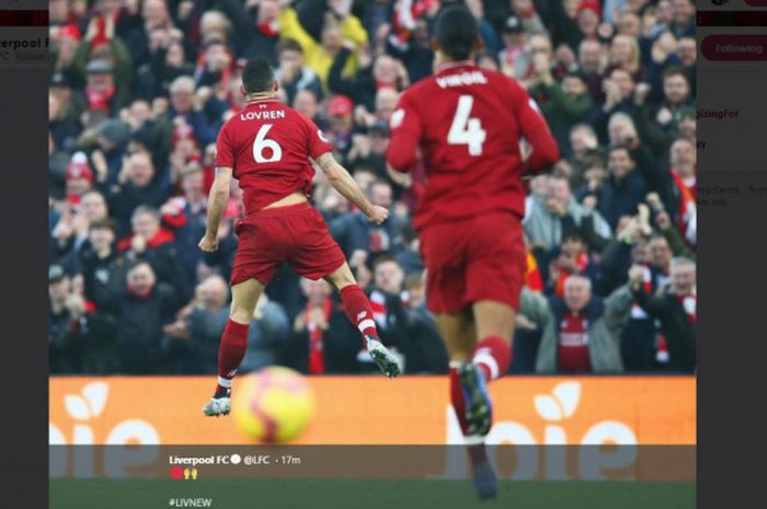 Selebrasi Dejan Lovren saat membobol gawang Newcastle United di Stadion Anfield dalam lanjutan pekan ke-19 Liga Inggris, Rabu (26/12/2018).