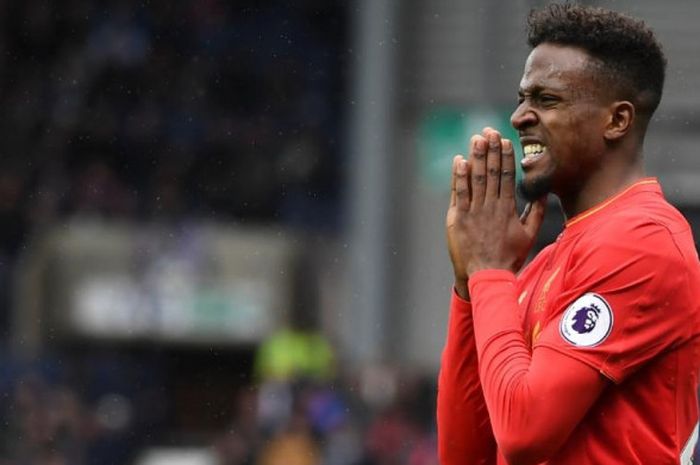 Reaksi Divock Origi dalam partai Liga Inggris antara Liverpool dan West Bromwich Albion di The Hawthorns Stadium, 16 April 2017.