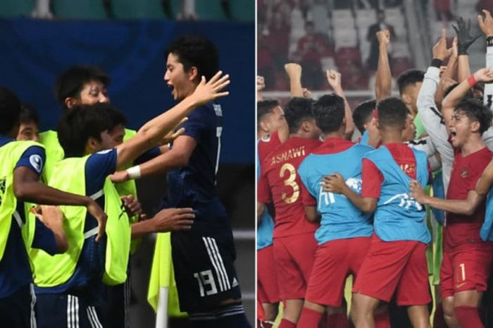 Para pemain Timnas U-19 Jepang dan Timnas U-19 Indonesia selebrasi keberhasilan ke perempat final Piala Asia U-19 2018. Siapa yang akan kembali selebrasi ke semifinal?