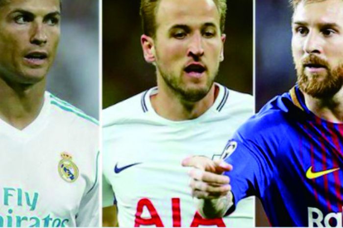 Harry Kane diantara Cristiano Ronaldo (kiri) dan Lionel Messi (kanan)