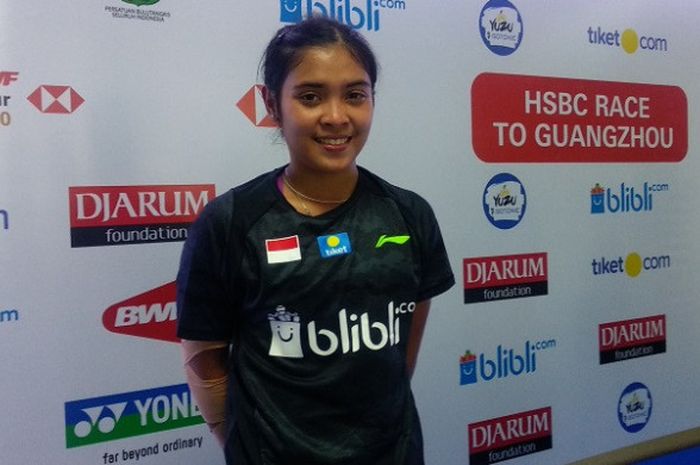 Pebulu tangkis tunggal putri Indonesia, Gregoria Mariska Tunjung, berpose pada konferensi pers Indonesia Open 2018, Istora Senayan, Jakarta, Kamis (5/7/2018).