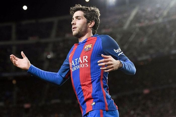 Aksi bek Barcelona, Sergi Roberto,saat melawan Athletic Bilbao dalam laga leg kedua 16 besar ajang Copa del Rey di Stadion Camp Nou, Barcelona, pada 11 Januari 2017.