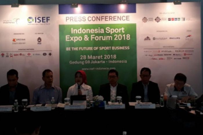 Sesi jumpa pers pembukaan pameran Indonesia Sport Expo and Forum (ISEF) 2018 di Gedung G9, Tebet, Jakarta Selatan, Rabu (28/3/2018)