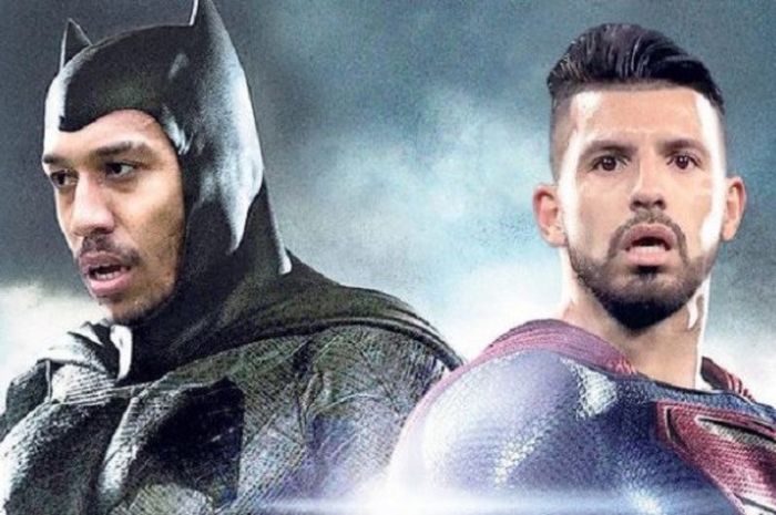 Striker Arsenal, Pierre-Emerick Aubameyang, dan striker Manchester City, Sergio Aguero. Keduanya sering diidentikkan dengan tokoh dalam superhero. Aubameyang dan Aguero akan bertarung dalam final Carabao Cup di Stadion Wembley, Minggu (25/2/2018).