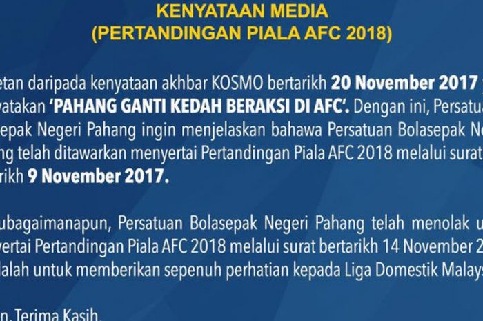 Pernyataan penolakan gantikan Kedah FA di Piala AFC