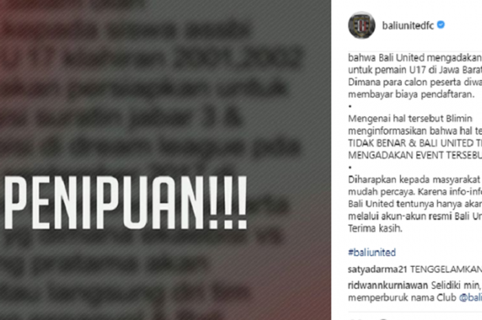 Bali United menerima berita penipuan yang mengatas namakan klubnya.