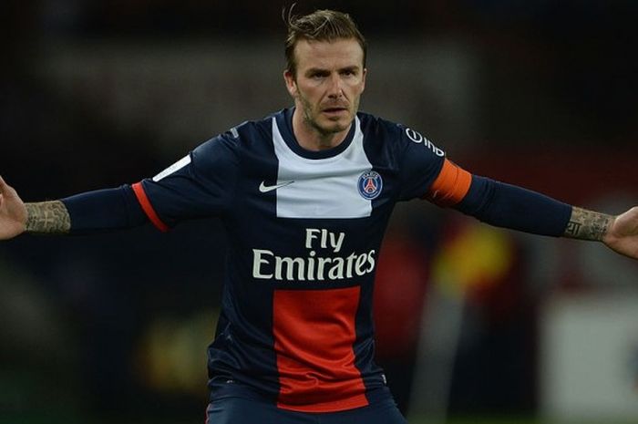 Gelandang Paris Saint-Germain, David Beckham, dalam pertandingan Ligue 1 menghadapi Stade Brestois di Parc des Princes, Paris, Prancis, pada 18 Mei 2013.