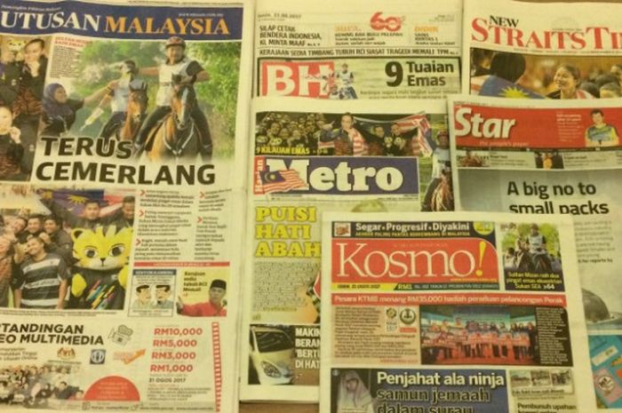 Enam halaman depan koran Malaysia terbitan Senin (21/8/2017). 