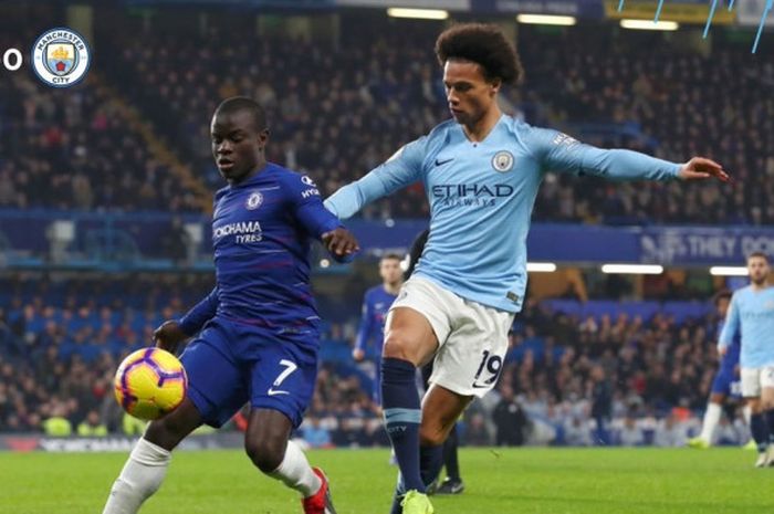 Gelandang Chelsea, N'Golo Kante (kiri), berduel dengan penyerang Manchester City, Leroy Sane, dalam laga Liga Inggris di Stadion Stamford Bridge, London pada 8 Desember 2018.