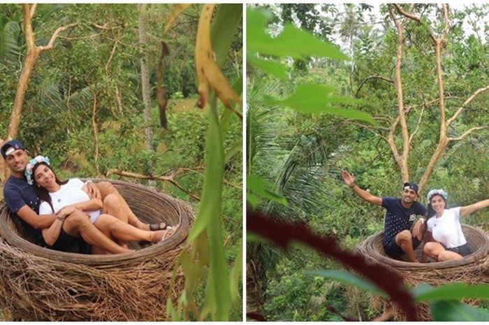 Jaimerson berfoto di atas sarang burung raksasa bersama istrinya di Wanagiri Hidden Hill, Bali