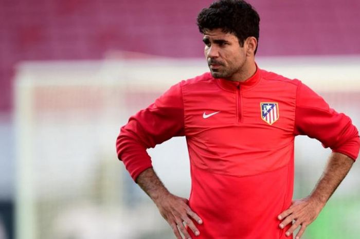 Reaksi Diego Costa saat menjalani sesi latihan Atletico Madrid menjelang duel final Liga Champions lawan Real Madrid di Estadio da Luz, Lisabon, 23 Mei 2014.