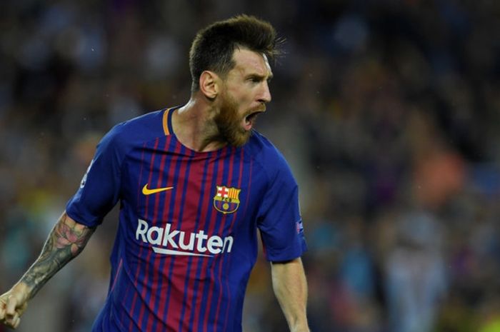 Megabintang FC Barcelona, Lionel Messi, merayakan gol yang dia cetak ke gawang Juventus dalam laga Grup D Liga Champions di Stadion Camp Nou, Barcelona, Spanyol, Rabu (13/9/2017) dini hari WIB.