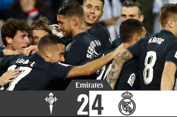 Para pemain Real Madrid merayakan gol Sergio Ramos ke gawang Celta Vigo pada pekan ke-12 Liga Spanyol, Minggu, 11 November 2018