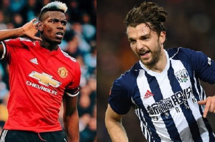 Manchester United yang diperkuat Paul Pogba (kiri) dikalahkan  0-1 oleh West Bromwich Albion dalam lanjutan Liga Inggris, Minggu (15/4/2018), di Stadion Old Trafford. Satu-satunya gol dalam laga itu dicetak oleh Jay Rodriguez (kanan).