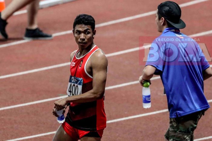 Sprinter asal Indonesia, Lalu Muhammad Zohri bereaksi sehabis final nomor lari 100 meter putra 