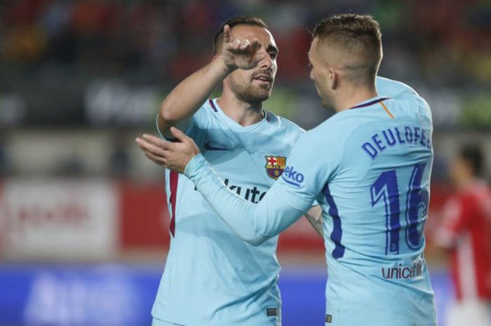 Pemain sayap FC Barcelona, Gerard Deulofeu, merayakan gol yang dia cetak ke gawang Real Murcia dalam laga leg pertama babak 32 besar Copa del Rey di Stadion Nueva Condomina, Murcia, Spanyol, pada 24 Oktober 2017.