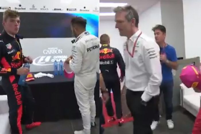 Pebalap finis ketiga, Max Verstappen (Red Bull) keluar dari cooldown room setelah terkena pinalti akibat keluar dari track limit saat menyalip Kimi Raikkonen (Raikkonen) di F1 GP Amerika Serikat (22/10/2017).