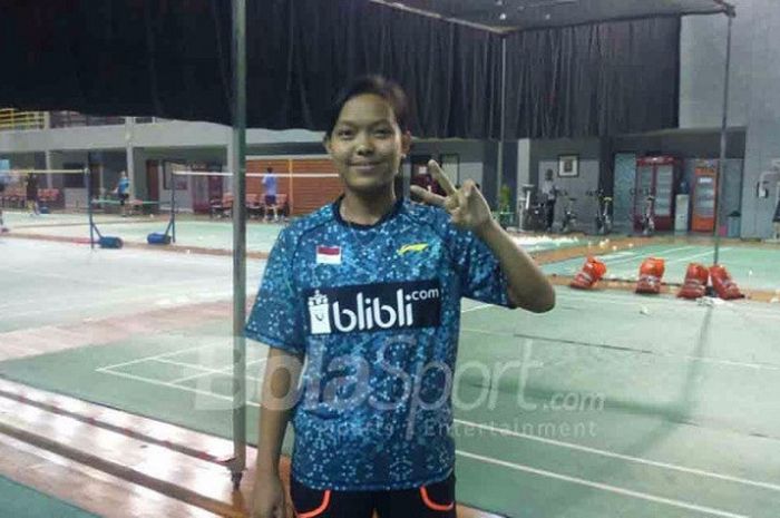 Pebulu tangkis spesialis ganda Indonesia, Siti Fadia Silva Ramadhanti, berpose seusai sesi pemotretan tim Kejuaraan Dunia Junior Bulu Tangkis Junior 2017 di hall pelatnas, Cipayung, Jakarta, Kamis (5/10/2017).