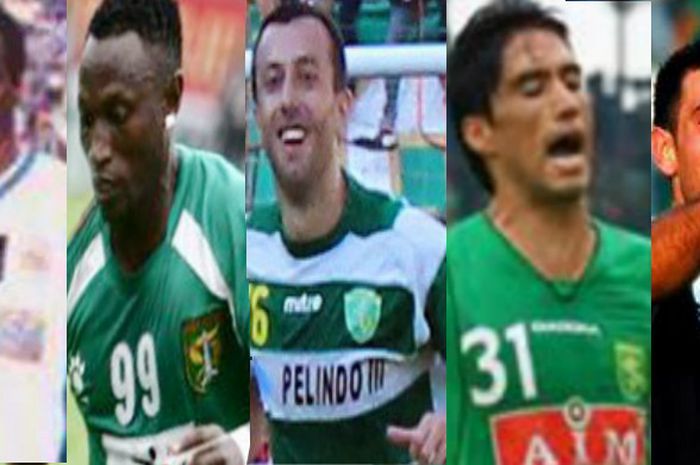 Lima Pemain Asing yang Pernah Berseragam Persebaya &amp; Arema, dari Kiri-Kanan: Frank Bob Manuel Bamidele, Anthony Jommah Ballah, Goran Gancev, Pato Morales, Andrew Barisic.