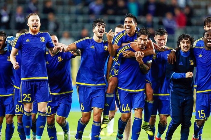  Pemain Rostov melakukan selebrasi usai mengalahkan RSC Anderlecht dalam laga lanjutan Liga Champions di Brusel, Belgia, pada 3 Agustus 2016. 