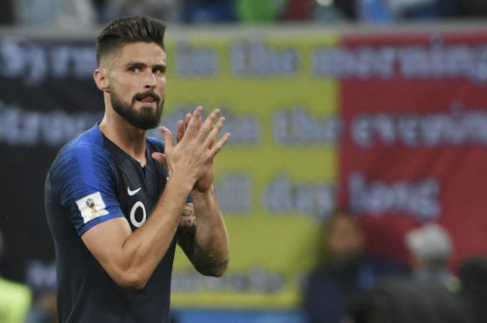 Striker Prancis, Olivier Giroud, dalam semifinal Piala Dunia 2018 kontra Belgia di Saint-Petersburg Stadium, Selasa (10/7/2018)