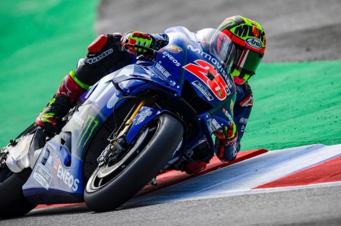 Momen saat Maverick Vinales (Movistar Yamaha) menjalani saslah satu sesi MotoGP Catalunya 2018 yang berlangsung pada Sabtu (16/6/2018).