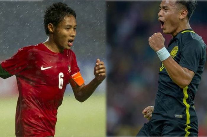 Evan Dimas (kiri) dan pemain Timnas Malaysia Adam Nor Bin Azlin (kanan)