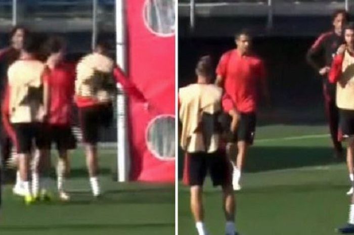 Kapten Real Madrid, Sergio Ramos, mengamuk di depan yuniornya saat sesi latihan di Valdebebas.